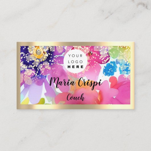 カスタムロゴQRCode水彩色金ゴールド社会フローラ 名刺 (正面)