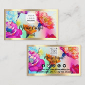 カスタムロゴQRCode水彩色金ゴールド社会花模様 名刺 (正面/裏面)