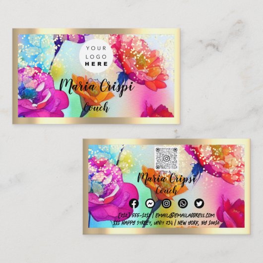 カスタムロゴQRCode水彩色金ゴールド社会花模様 名刺 (正面/裏面)