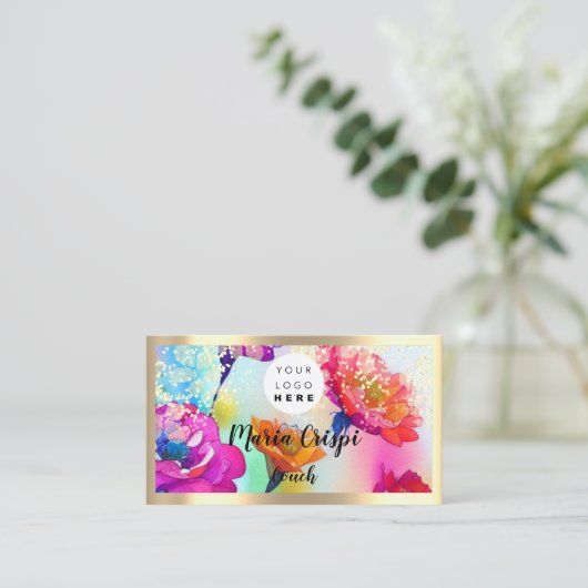 カスタムロゴQRCode水彩色金ゴールド社会花模様 名刺 (スタンド正面)