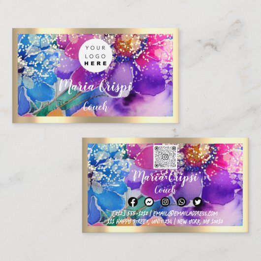 カスタムロゴQRCode社会的金ゴールドホログラフィックフラワー 名刺 (正面/裏面)