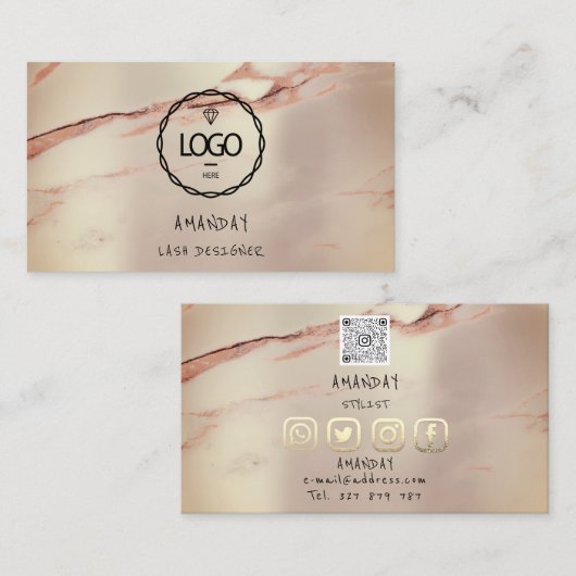 カスタムロゴSNS QRコードバラ大理石 名刺 (正面/裏面)
