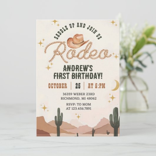 カスタムワイルドウエストファーストRodeo Cowboy Birthdayパーティー 招待状 (スタンド正面)