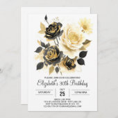 カスタムワイルドフラワーズ金ゴールドとブラック30歳の誕生日 招待状 (正面/裏面)