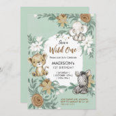カスタムワイルドワングリーンホワイトジャングル動物テーマ 招待状 (正面/裏面)