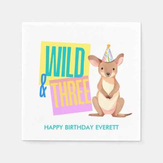 カスタムワイルド&スリーカンガルー3rdバースデーナプキンズ スタンダードカクテルナプキン (正面)