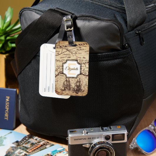 カスタムヴィンテージセピアの地図モノグラム名 ラゲッジタグ (正面&裏面)