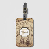 カスタムヴィンテージセピアの地図モノグラム名 ラゲッジタグ (正面縦)