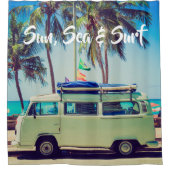 カスタムヴィンテージビーチキャンパーバスとヤシの木： シャワーカーテン (正面)