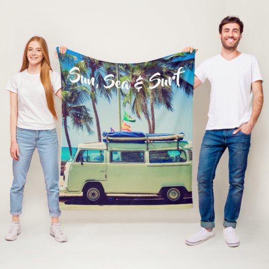 カスタムヴィンテージビーチキャンパーバスとヤシの木： フリースブランケット (インサイチュ)