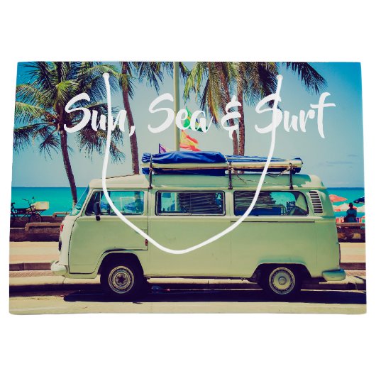 カスタムヴィンテージビーチキャンパーバスとヤシの木: ラージペーパーバッグ (正面)