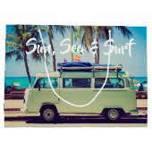 カスタムヴィンテージビーチキャンパーバスとヤシの木: ラージペーパーバッグ (裏面)