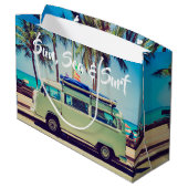 カスタムヴィンテージビーチキャンパーバスとヤシの木: ラージペーパーバッグ (裏面アングル)