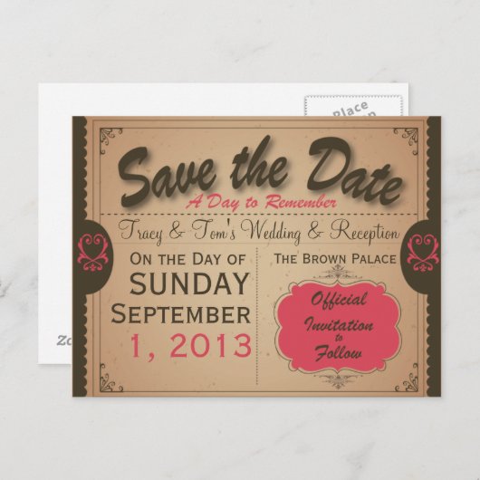 カスタムヴィンテージ日付ポストカードの保存 案内ポストカード (正面/裏面)