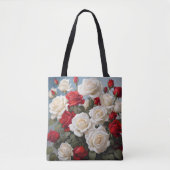 カスタム両面レッド&ホワイトローズフローラトートバッグ トートバッグ (正面)
