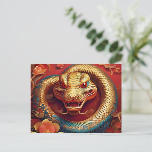 カスタム中国の蛇金ゴールド青赤の新年 シーズンポストカード (スタンド正面)