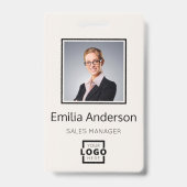 カスタム企業ロゴ バーコード 従業員写真 ベージュ バッジ (正面)