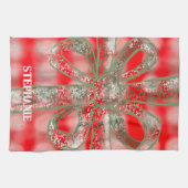 カスタム休日の名前plaid赤い白い緑の弓かわいい キッチンタオル (横)