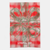 カスタム休日の名前plaid赤い白い緑の弓かわいい キッチンタオル (縦)