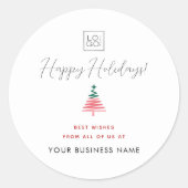 カスタム会社ロゴハッピーホリデーズクリスマスツリー ラウンドシール (正面)