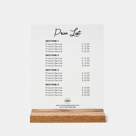 カスタム価格リストまたはサービスモダン価格 アクリルサイン (正面)