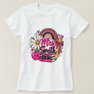カスタム先生の名前の服ヒョウ柄レインボー Tシャツ