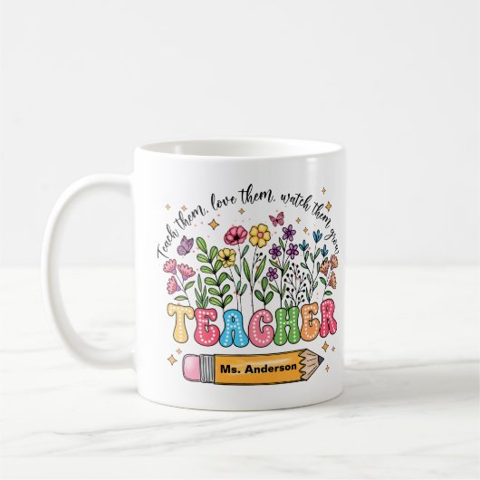 カスタム先生の名前フラワーマグ "Teach Love Grow" コーヒーマグカップ (左)