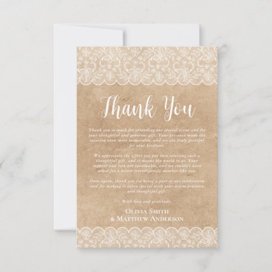 カスタム写真ありがとう素朴白いレース サンキューカード (正面)