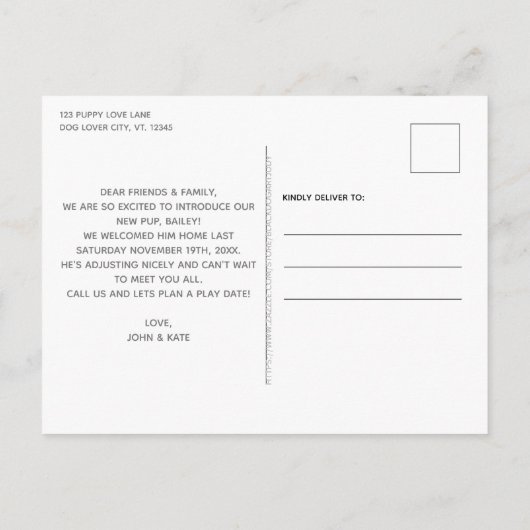 カスタム写真こんにちは新しいペットの子犬 案内ポストカード (裏面)