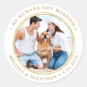 カスタム写真たった今結婚しましたエレガント結婚金ゴールド ラウンドシール (正面)