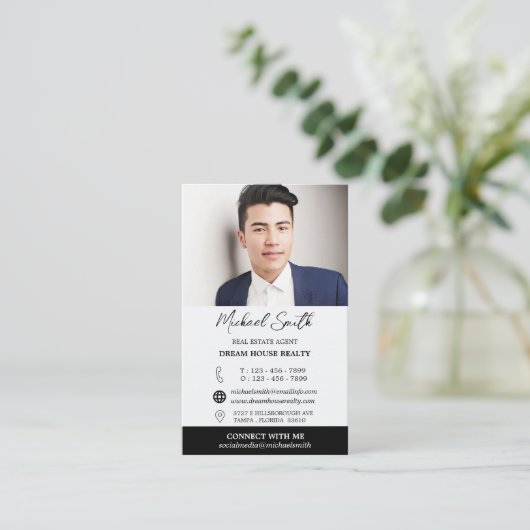 カスタム写真とロゴエステート実在エージェントの不動産仲介業者 名刺 (スタンド正面)