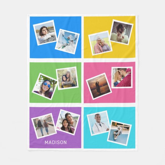 カスタム写真と名前の色正方形 フリースブランケット (正面)