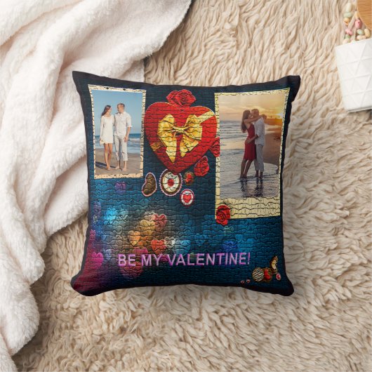 カスタム写真と名前ハートは私のバレンタインモザイク クッション (ブランケット)