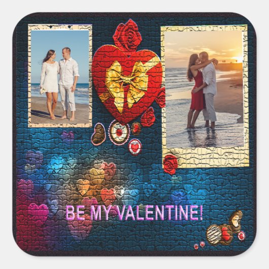 カスタム写真と名前ハートは私のバレンタインモザイク スクエアシール (正面)