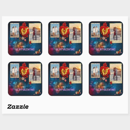 カスタム写真と名前ハートは私のバレンタインモザイク スクエアシール (シート)