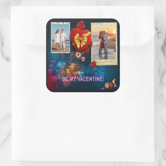 カスタム写真と名前ハートは私のバレンタインモザイク スクエアシール (バッグ)
