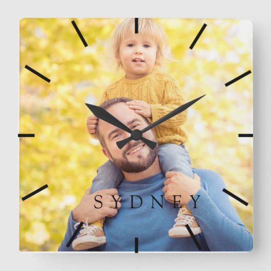 カスタム写真と名前パーソナライズされた スクエア壁時計 (正面)
