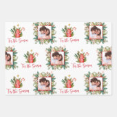 カスタム写真と名前フェスティバル緑とクッキー ラッピングペーパーシート (正面)