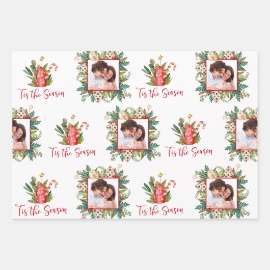 カスタム写真と名前フェスティバル緑とクッキー ラッピングペーパーシート (正面)