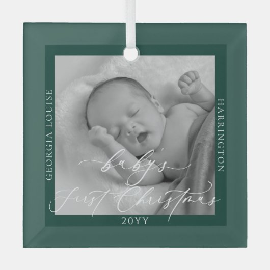 カスタム写真と名前ベビー初のグリーンクリスマス ガラスオーナメント (正面)