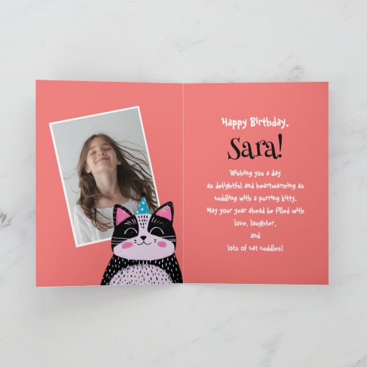 カスタム写真と名前 |かわいい黒猫イラストレーション カード (内部)