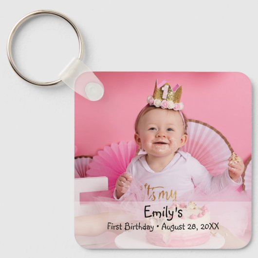 カスタム写真と名前Baby girl's first birthday キーホルダー (正面)