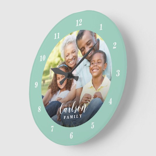カスタム写真と家族の名パーソナライズされた前 ラージ壁時計 (傾斜)