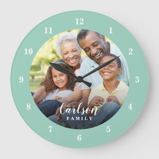 カスタム写真と家族の名パーソナライズされた前 ラージ壁時計 (正面)