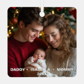 カスタム写真と文字のカップルと新生児 メタルオーナメント (裏面)