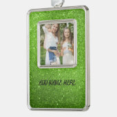 カスタム写真と文字グリーングリッター シルバープレートフレームオーナメント (左)
