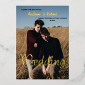 カスタム写真と水彩虹のゲイ結婚ズ 箔招待状 (正面)