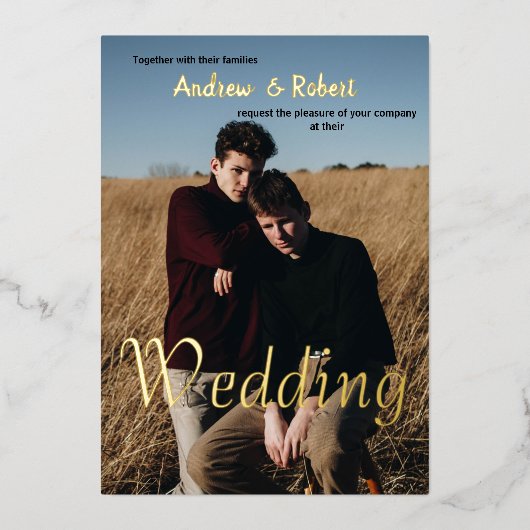 カスタム写真と水彩虹のゲイ結婚ズ 箔招待状 (正面)