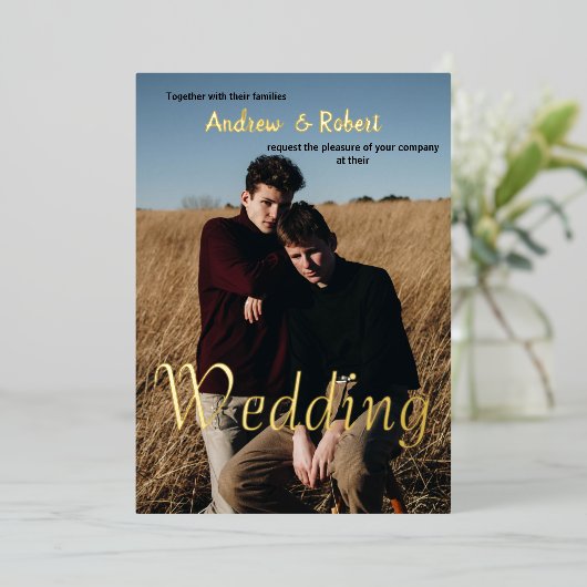 カスタム写真と水彩虹のゲイ結婚ズ 箔招待状 (立ち正面)