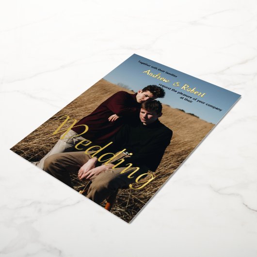 カスタム写真と水彩虹のゲイ結婚ズ 箔招待状 (回転した状態)